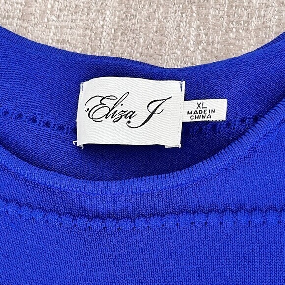 Eliza J Dress Womens XL Royal Blue 3/4 Sleeve Textured Fit-N-Flare Mini Rib Trim - Picture 7 of 13